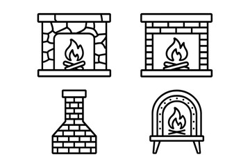 Fireplace icon set. Outline architectural elements with stone mantel, brick hearth, and chimney silhouette. Home interior heating vector illustration for cozy winter concepts.