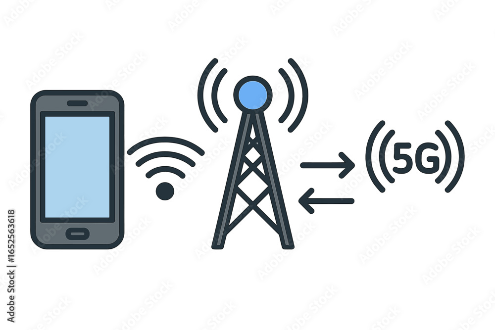 Poster 5g network technology concept. wireless communication with smartphone and cell tower. mobile data tr
