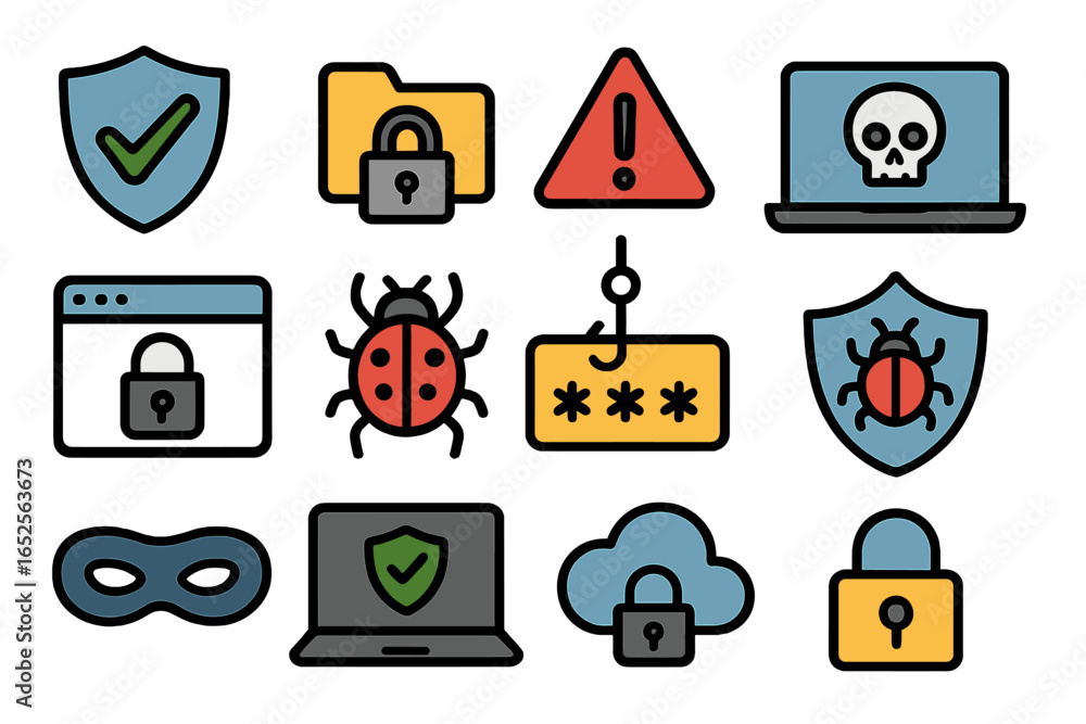 Poster cybersecurity icon set illustrating digital threats and protection concepts. vector collection of in