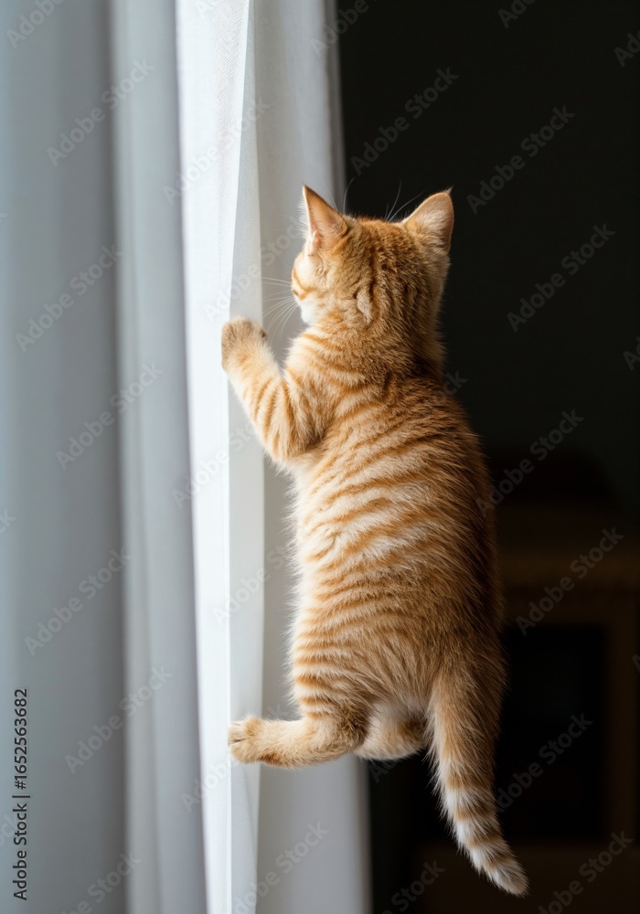 Poster adorable chubby calico kitten with alert ears attempting to climb edge of curtain against a soft whi