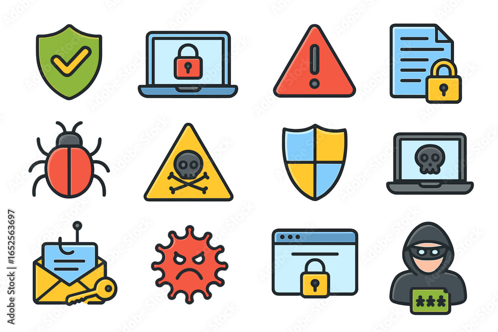 Poster cybersecurity icon set for data protection and internet safety. vector icons illustrate concepts lik