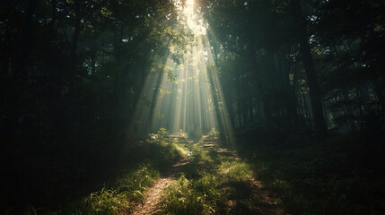 Atmospheric Sunbeams in Woodland Landscape with Mystical and Ethereal Mood	
