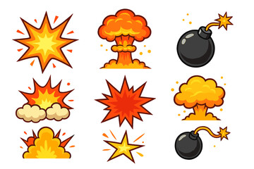 Set of cartoon bomb and explosion icons. Vector illustration collection of comic book style blasts, booms, and fire bursts. Atomic nuclear mushroom cloud and flash effects.