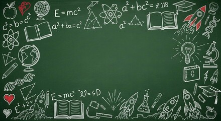 Chalkboard of Learning and Science Background with Equations and Drawings of Different Fields