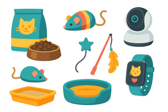 Pet care accessories collection for cats. Vector icon set with food, toys, smart devices. Cat owner items like litter box, bed, tracker, and home camera. Flat cartoon.