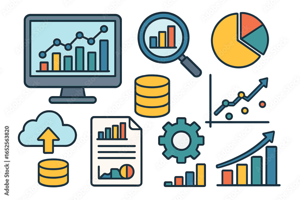 Poster data analytics icon set. business intelligence and statistics concept. vector illustration of financ