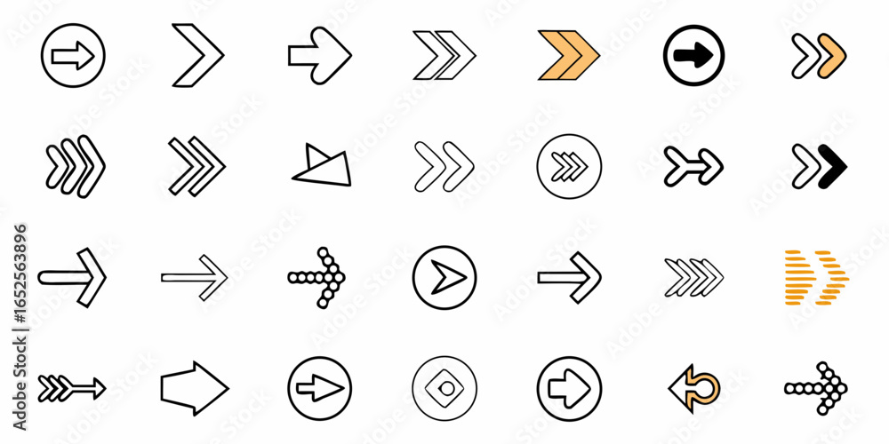 Poster collection of various arrow designs pointing right with different styles and orientations shown on w