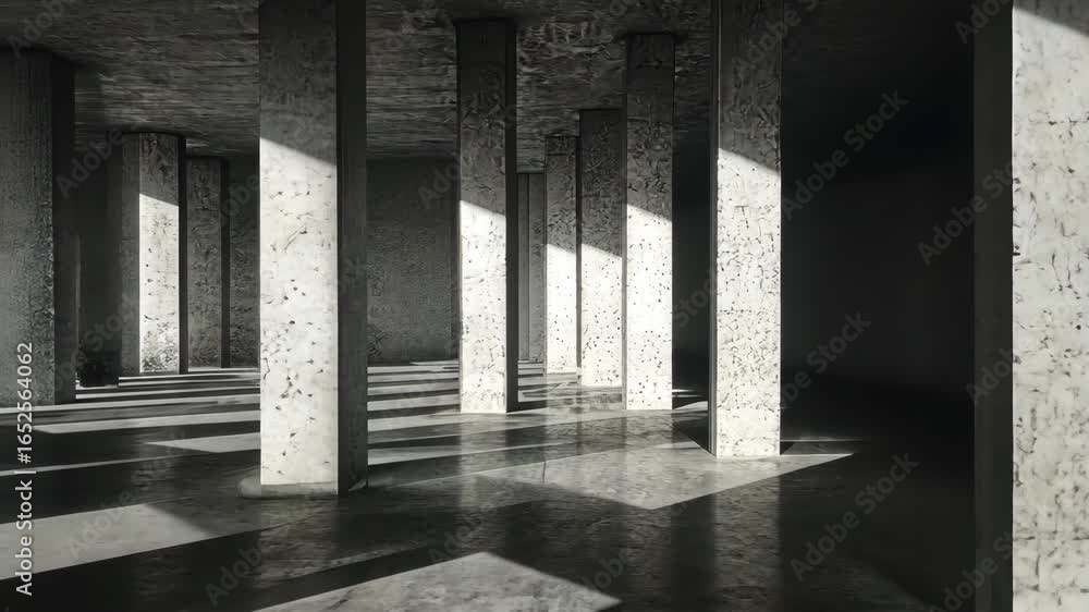 Poster abstract architectural interior with vertical concrete columns and dynamic shadows