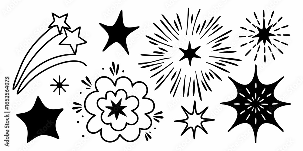 Poster collection of hand drawn black and white stars with different shapes and decorative elements in vect