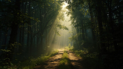 Atmospheric Scenic Forest Path with Sun Rays Breaking Through the Canopy	