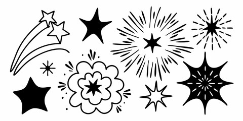 Collection of hand drawn black and white stars with different shapes and decorative elements in vector format