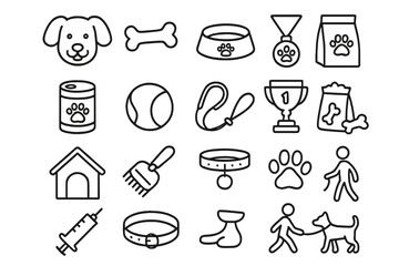 Dog pet care line icon set. Vector collection of simple outline symbols for vet clinic, pet shop. Canine accessories, food, grooming, toys, training, walking illustration.