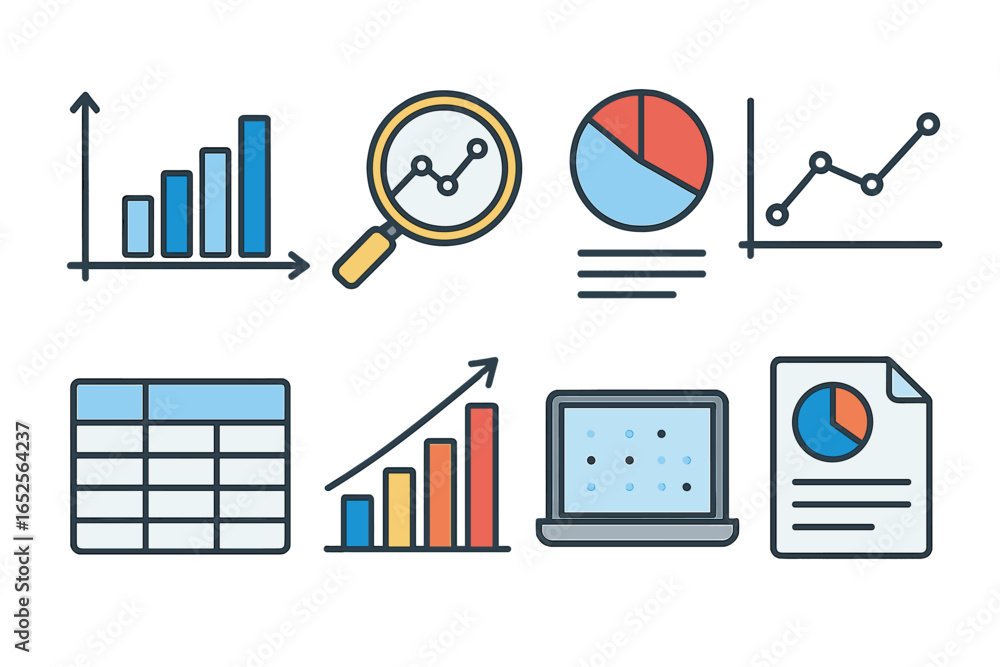 Poster data analytics and business intelligence icon set. collection of vector symbols for finance report, 