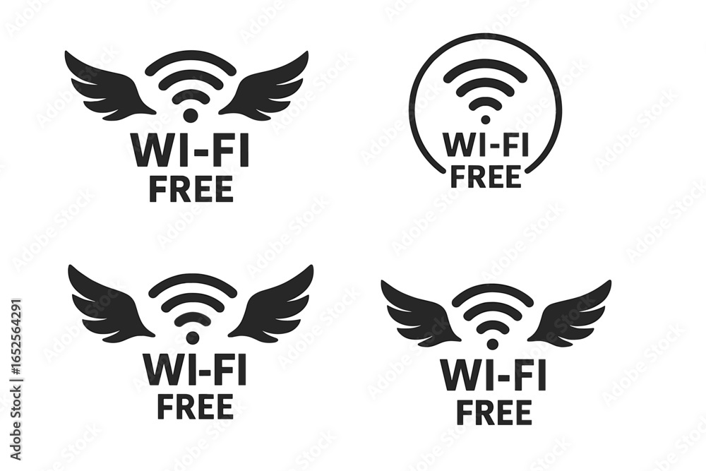 Poster free wi-fi vector icon set. wireless internet connection symbol with wings concept. public access ho