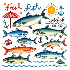Naklejka premium Set of cartoon fish and marine animals on white background