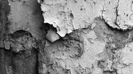 Close-up monochrome view of a weathered wall surface, showcasing extensive paint deterioration, cracking, and textural inconsistencies.  The image reveals layers of aged paint and underlying substrate