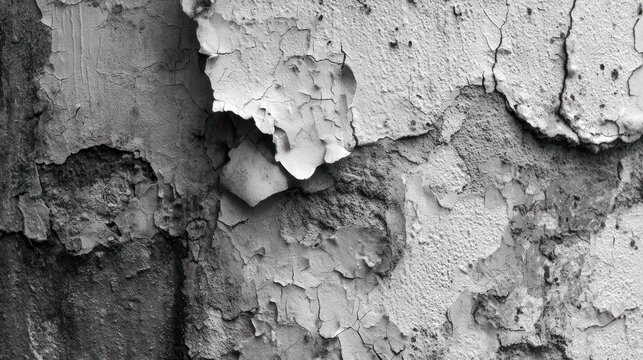 Close-up monochrome view of a weathered wall surface, showcasing extensive paint deterioration, cracking, and textural inconsistencies.  The image reveals layers of aged paint and underlying substrate