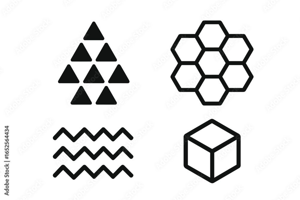 Poster minimal geometric icons set. black line and solid shape collection. triangle pyramid, hexagon honeyc