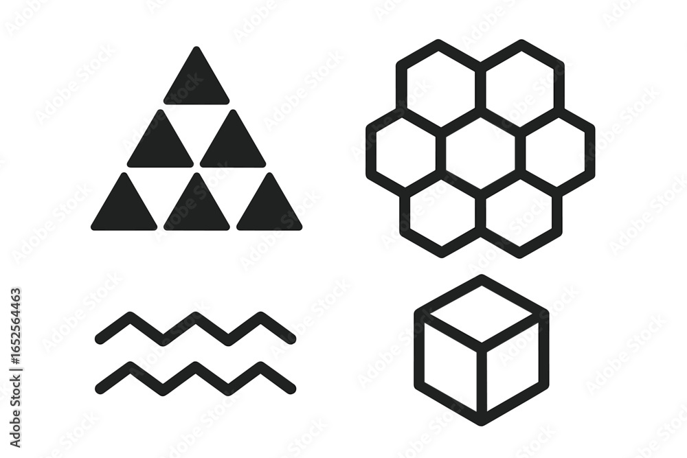 Poster geometric pattern icons set. solid triangle cluster and outline hexagon grid. abstract zigzag wave l
