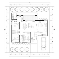 Black and White floor plan of a modern unfurnished house for your design. Suburban house vector blueprint. Architectural background.	