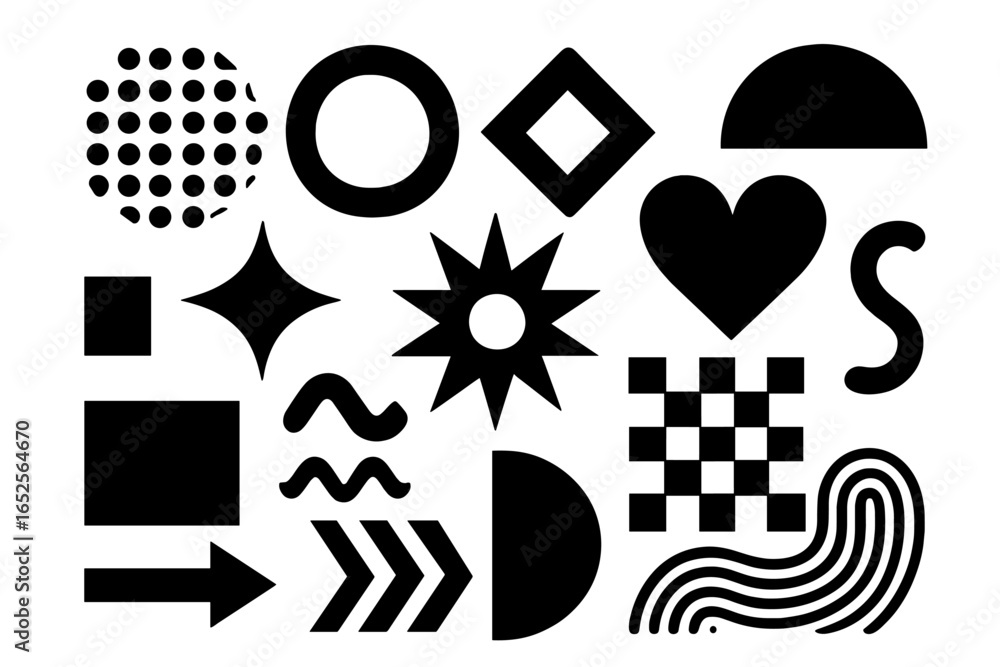 Poster big set of black bold abstract geometric shapes. collection of brutalist design elements. modern min