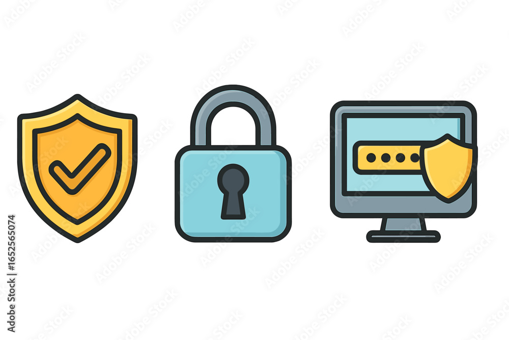 Poster digital security icon set with shield, padlock, and computer password. vector illustration for cyber