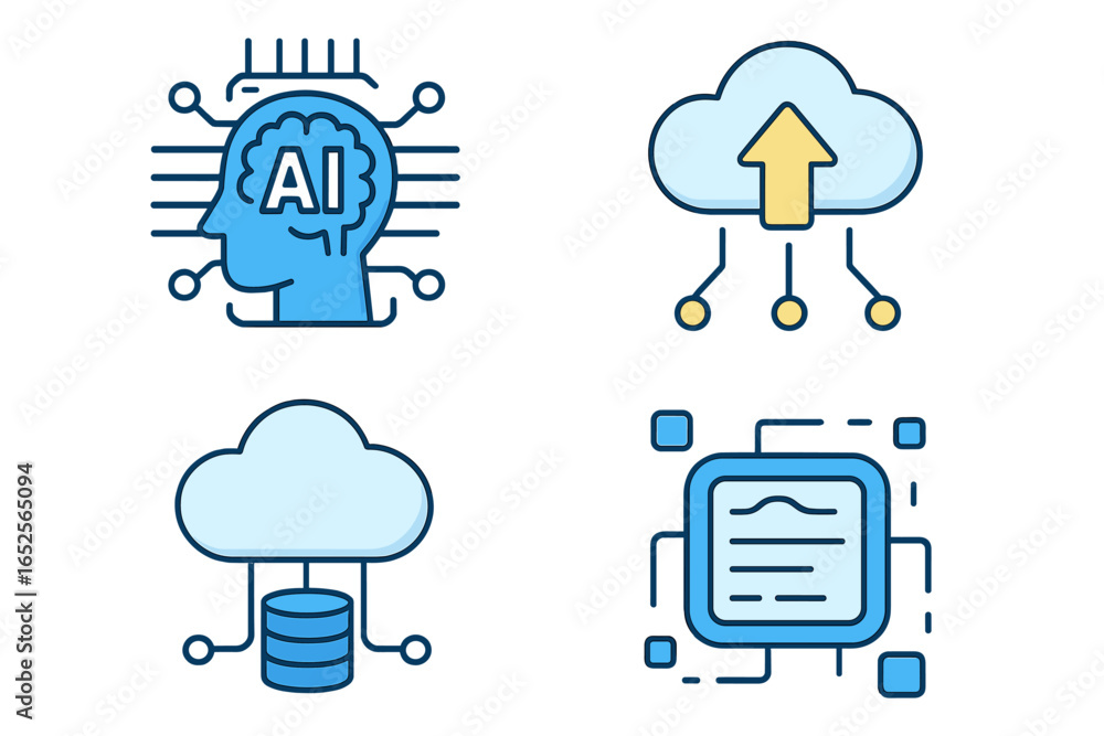 Aufkleber ai artificial intelligence and cloud computing vector icon set. modern icons for machine learning, d