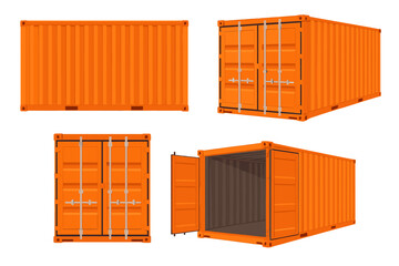 Set of shipping containers for freight and cargo transportation. Isometric, front, and side views. Open and closed metal sea can for logistics, storage, and delivery industry.