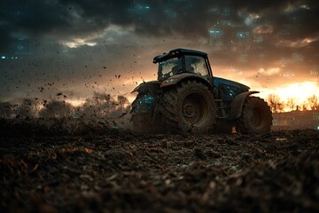 Obraz premium Modern tractor plowing through a muddy field at sunset, featuring a technology overlay that highlights the seamless integration of advanced technology in contemporary agriculture