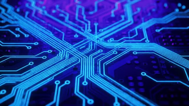 Digital technology concept with glowing integrated circuit pathways on a computer motherboard for data processing.