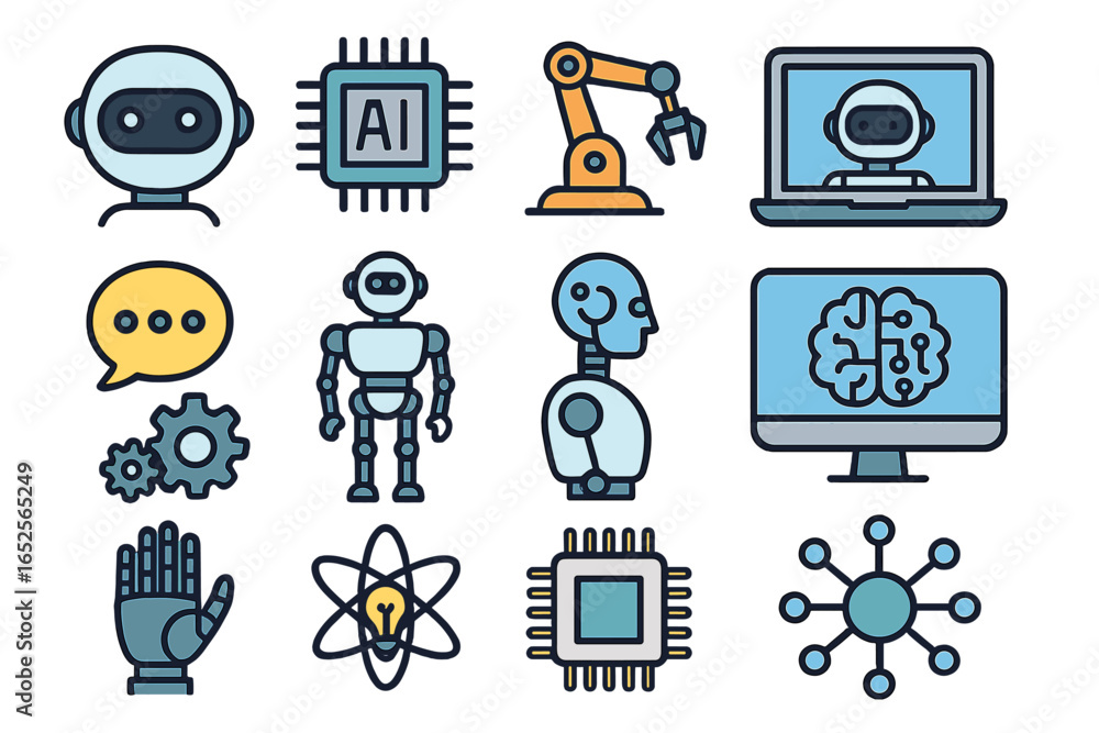 Poster ai and robotics icon set. artificial intelligence, machine learning, chatbot, cyborg, and automation