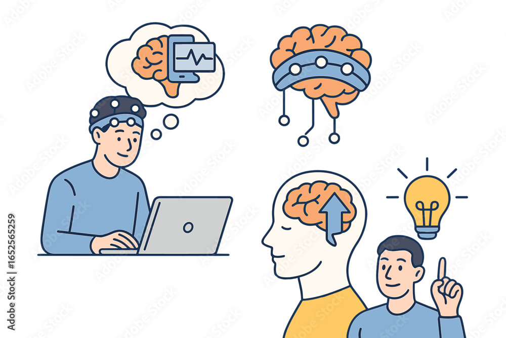 Poster brain computer interface and cognitive enhancement concept. neurotechnology, eeg headset, and ai. me