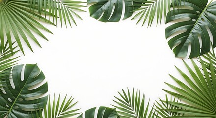 Tropical Frame of Monstera and Palm Leaves on White Background