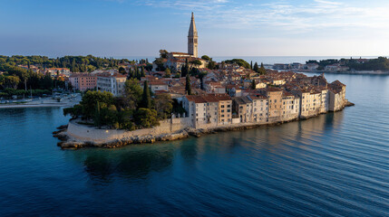 Obraz premium Aerial view of charming coastal town at sunset