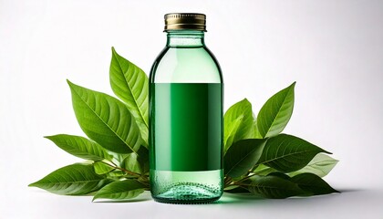 Glass water bottle, green label, leaves, isolated on white background, elegant, eco-friendly, refreshing, reusable, healthy, minimalistic, natural, clean, modern, transparent, beverage, hydration, lif
