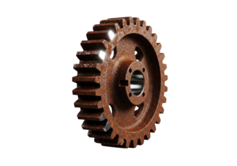 Macro photo of a solitary industrial cogwheel gear, deeply rusted reddish-brown with contrasting polished metallic spots, on a clean transparent background with studio lighting, artful industrial
