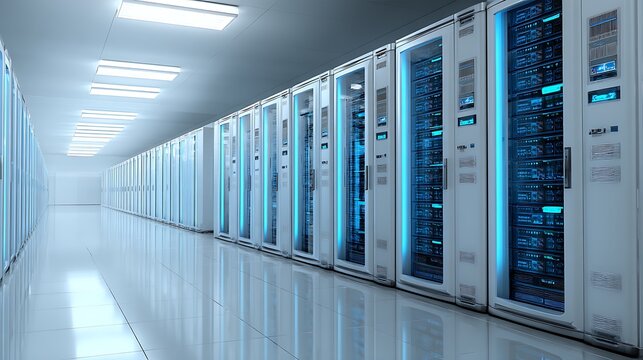 Server Room: Rows of computer servers in a high-tech data center for storage and processing. Network infrastructure featuring blue and white panels in a long row. .