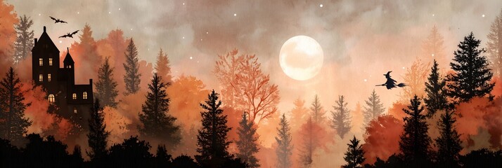 Haunted Forest with Autumn Trees, Castle, Full Moon, and Flying Witch