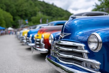 Classic cars lineup at outdoor event, Vintage show in small town