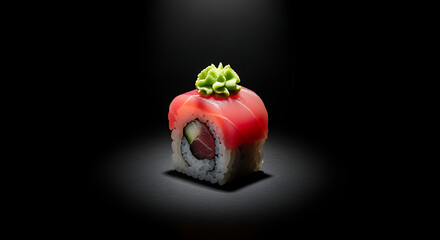 Single Tuna Sushi Roll with Wasabi on Dark Background