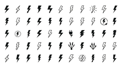 Fototapeta premium Lightning Bolt Icon Set – Black Outline Flash Lightning Vector Illustration – Energy and Power Symbols 