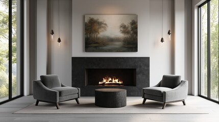 Elegant sitting area with a black stone fireplace and minimalist armchairs, large art piece above the fire.