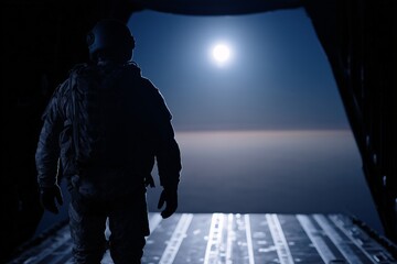 Soldier at open aircraft door, Awaiting high altitude night jump
