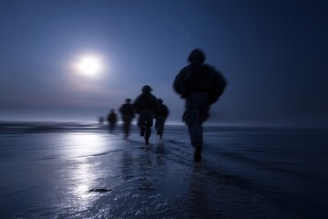 Soldiers running along beach at night, Military training exercise under moonlight