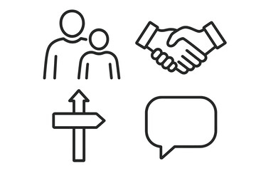 Leadership Icon Set Featuring Outline Symbols of Mentorship, Partnership, Guidance Arrow, and Communication Speech Bubble Vector Illustration