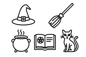 Obraz premium Witchcraft icon set. Magic elements. Gothic outline symbols. Witch hat, broomstick, cauldron, spellbook, pentagram, black cat. Halloween vector illustration. Esoteric.