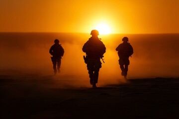 Troops running in desert sunrise, Military maneuver under combat conditions