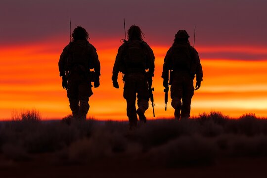 Three soldiers walking at sunset, Armed forces tactical desert patrol