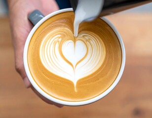 Latte art heart poured into a coffee mug