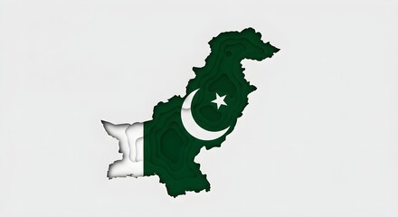 Close-up view of a Pakistan map illustration, designed with a cut-out style against a neutral gray background, celebrating Pakistan Independence Day with a predominantly